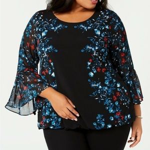 Alfani Black Floral Bell Cuff Blouse Modern Spice